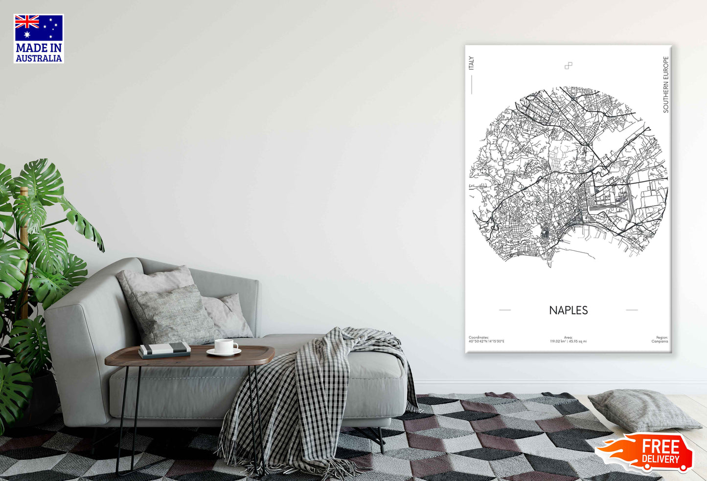 Naples City in Italy B&W Detailed Map Print 100% Australian Made Stretched Canvas Ready to Hang - 2326