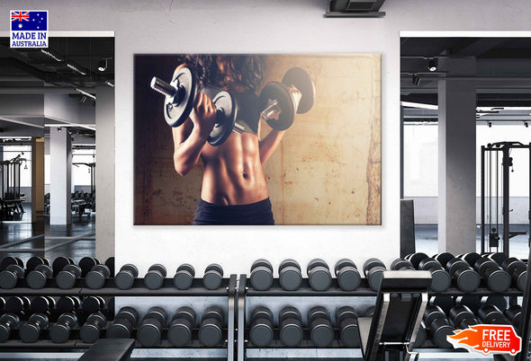 Fit Girl Lifting Dumbells Photograph Print 100% Australian Made Stretched Canvas Ready to Hang - 2227