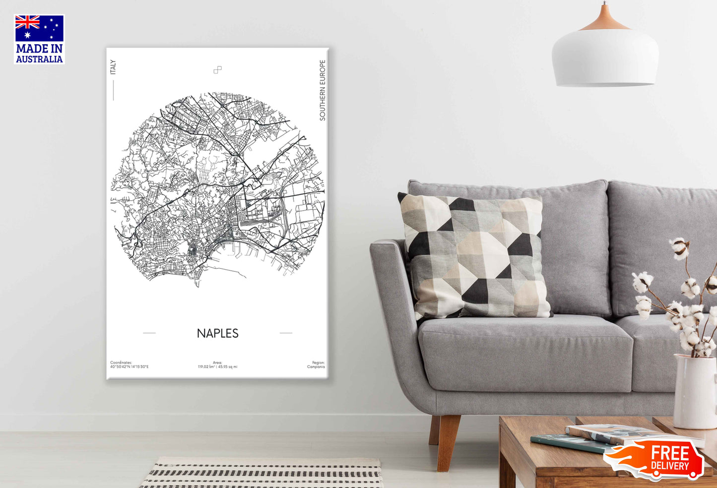 Naples City in Italy B&W Detailed Map Print 100% Australian Made Stretched Canvas Ready to Hang - 2326