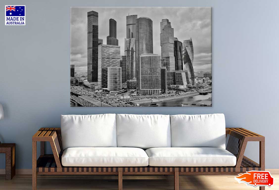 Moscow City B&W View Photograph Print 100% Australian Made Stretched Canvas Ready to Hang - 1495