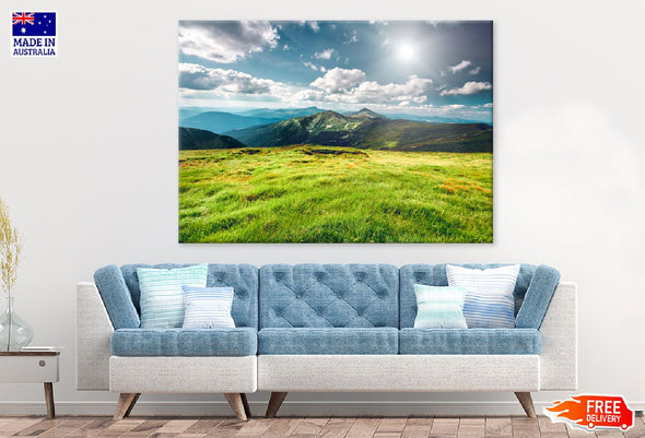 Mountains with Green Grass Field Print 100% Australian Made Stretched Canvas Ready to Hang - 1047