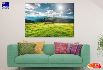 Mountains with Green Grass Field Print 100% Australian Made Stretched Canvas Ready to Hang - 1047