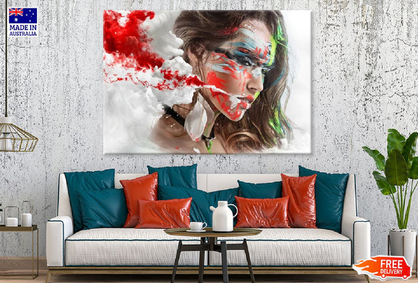 Fashion Girl with Red White Smoke Photograph Print 100% Australian Made Stretched Canvas Ready to Hang - 1928