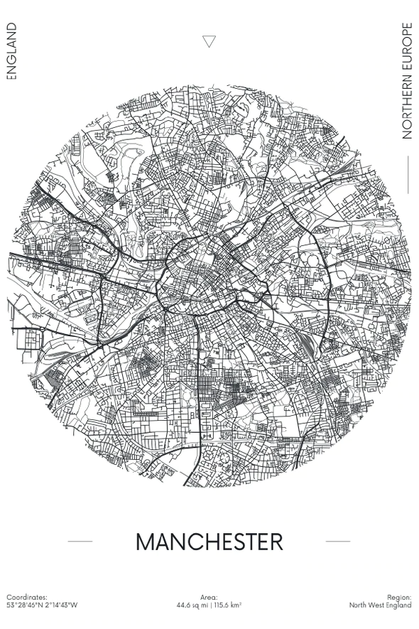 Manchester City in England B&W Detailed Map Print 100% Australian Made Stretched Canvas Ready to Hang - 2327