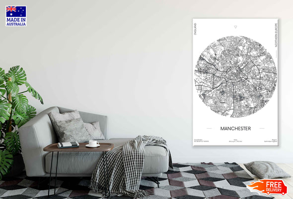 Manchester City in England B&W Detailed Map Print 100% Australian Made Stretched Canvas Ready to Hang - 2327