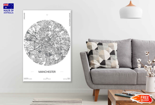 Manchester City in England B&W Detailed Map Print 100% Australian Made Stretched Canvas Ready to Hang - 2327