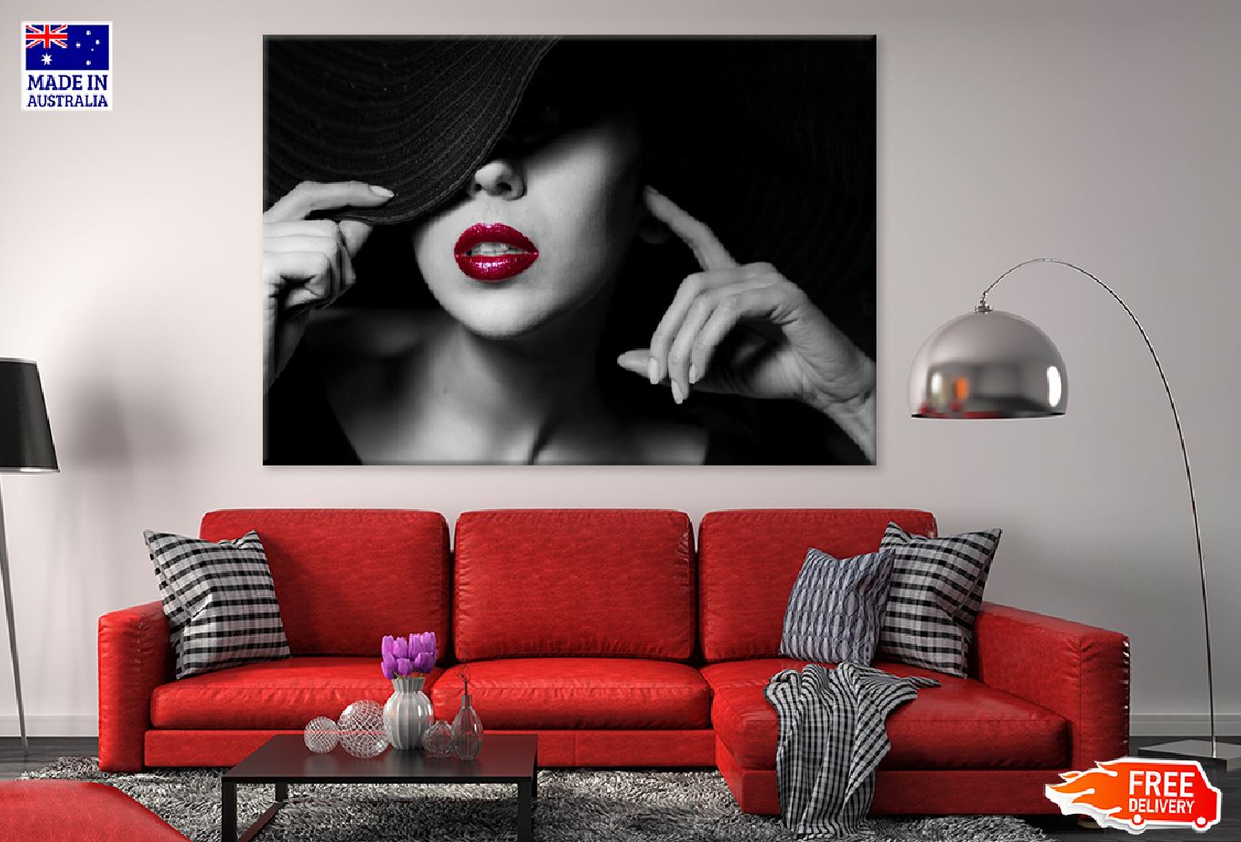 Stylish Girl with Red Lips B&W Print 100% Australian Made Stretched Canvas Ready to Hang - 1332