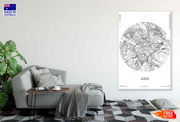 Leeds City in England B&W Detailed Map Print 100% Australian Made Stretched Canvas Ready to Hang - 2328