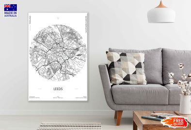 Leeds City in England B&W Detailed Map Print 100% Australian Made Stretched Canvas Ready to Hang - 2328