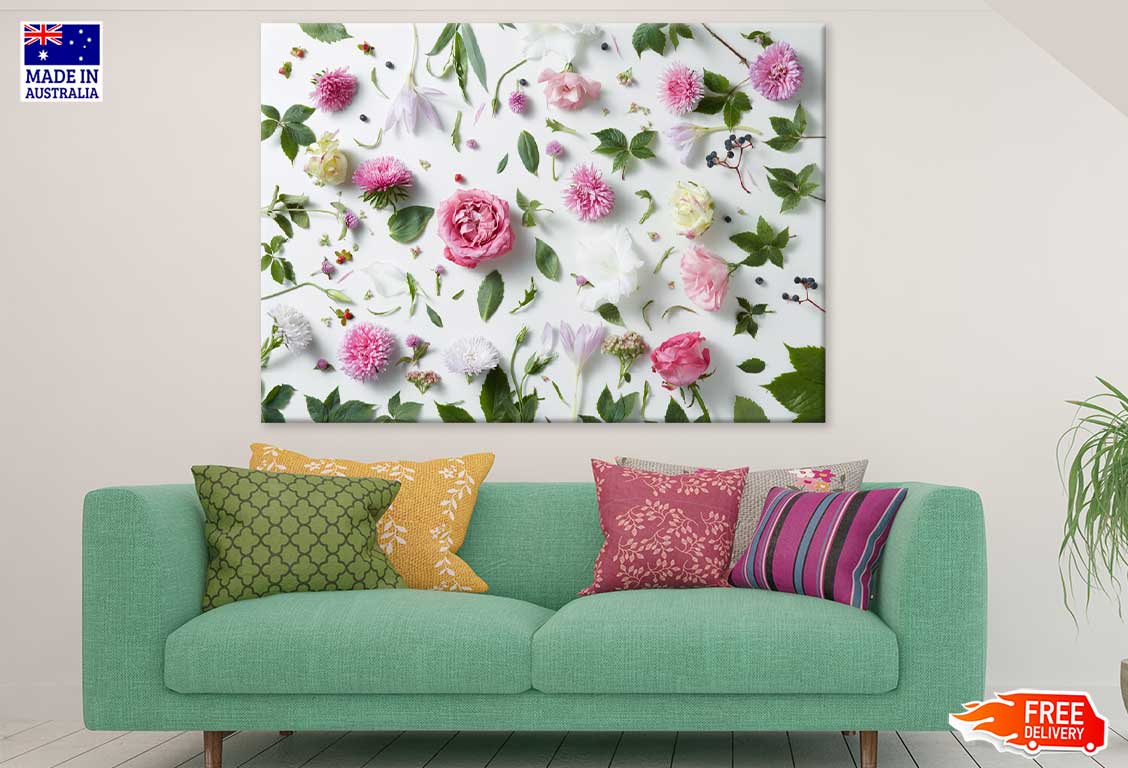 Pink White Flowers & Leaves View Print 100% Australian Made Stretched Canvas Ready to Hang - 1597