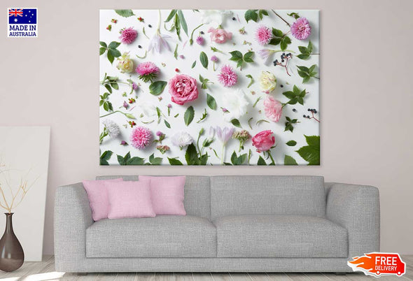 Pink White Flowers & Leaves View Print 100% Australian Made Stretched Canvas Ready to Hang - 1597