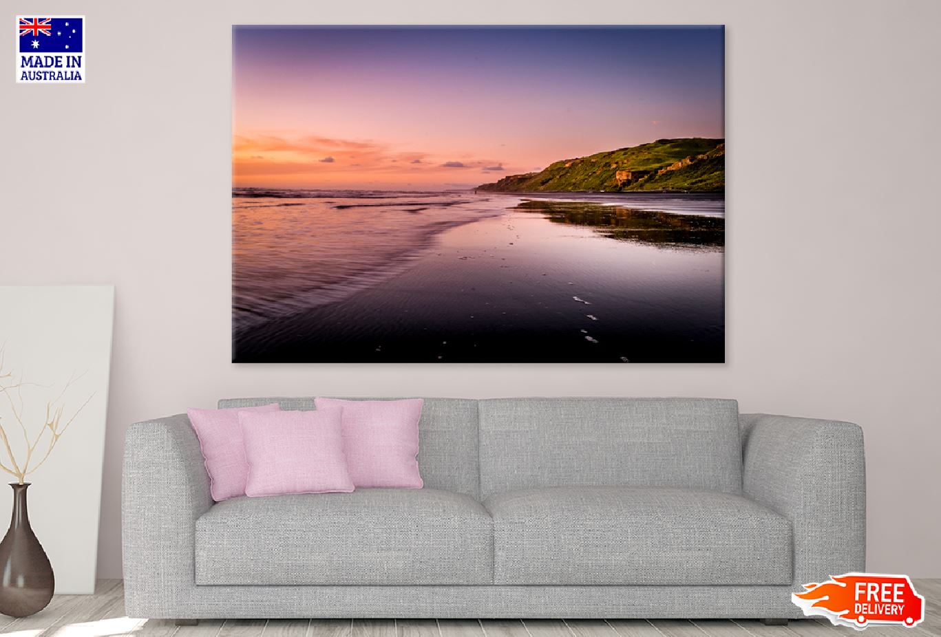 Pink Sea Sunset View Photograph Print 100% Australian Made Stretched Canvas Ready to Hang - 1396