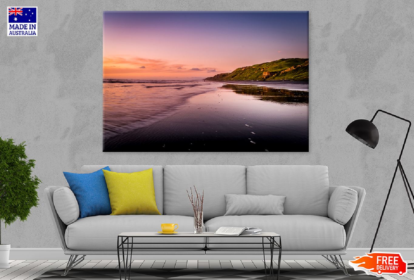 Pink Sea Sunset View Photograph Print 100% Australian Made Stretched Canvas Ready to Hang - 1396