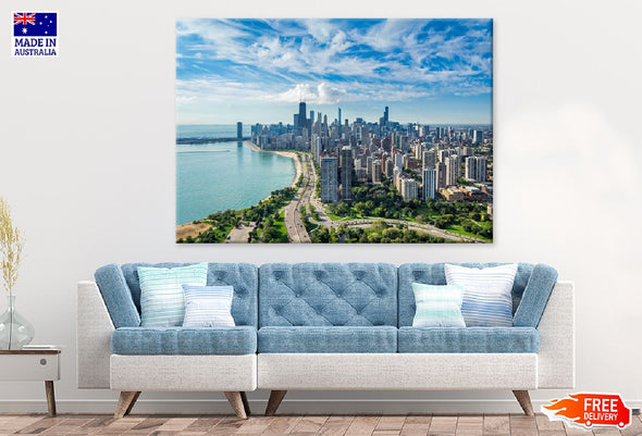 Chicago City Skyline Aerial View Print 100% Australian Made Stretched Canvas Ready to Hang - 1498