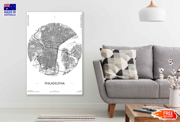 Philadelphia City in US B&W Detailed Map Print 100% Australian Made Stretched Canvas Ready to Hang - 2329