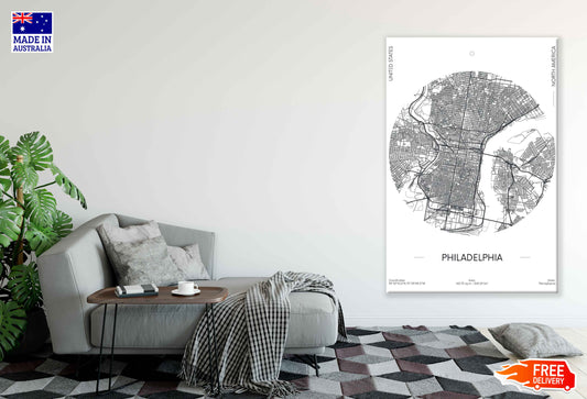 Philadelphia City in US B&W Detailed Map Print 100% Australian Made Stretched Canvas Ready to Hang - 2329