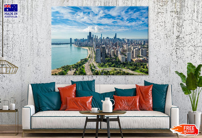 Chicago City Skyline Aerial View Print 100% Australian Made Stretched Canvas Ready to Hang - 1498