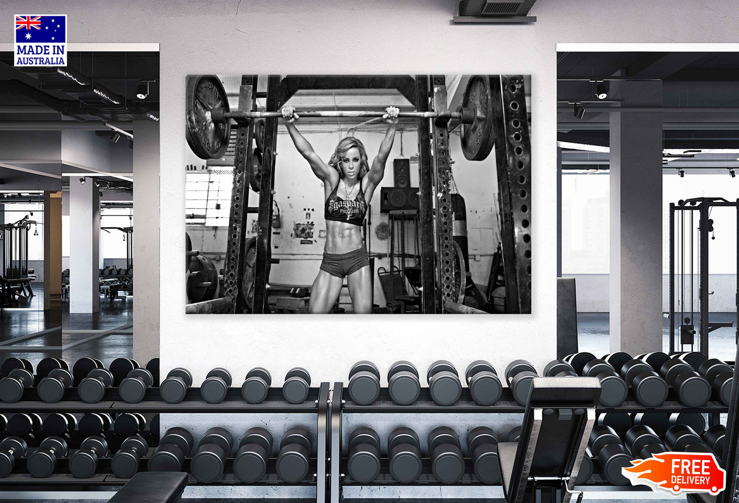 Fit Girl Posing in Gym B&W Photograph Print 100% Australian Made Stretched Canvas Ready to Hang - 2230