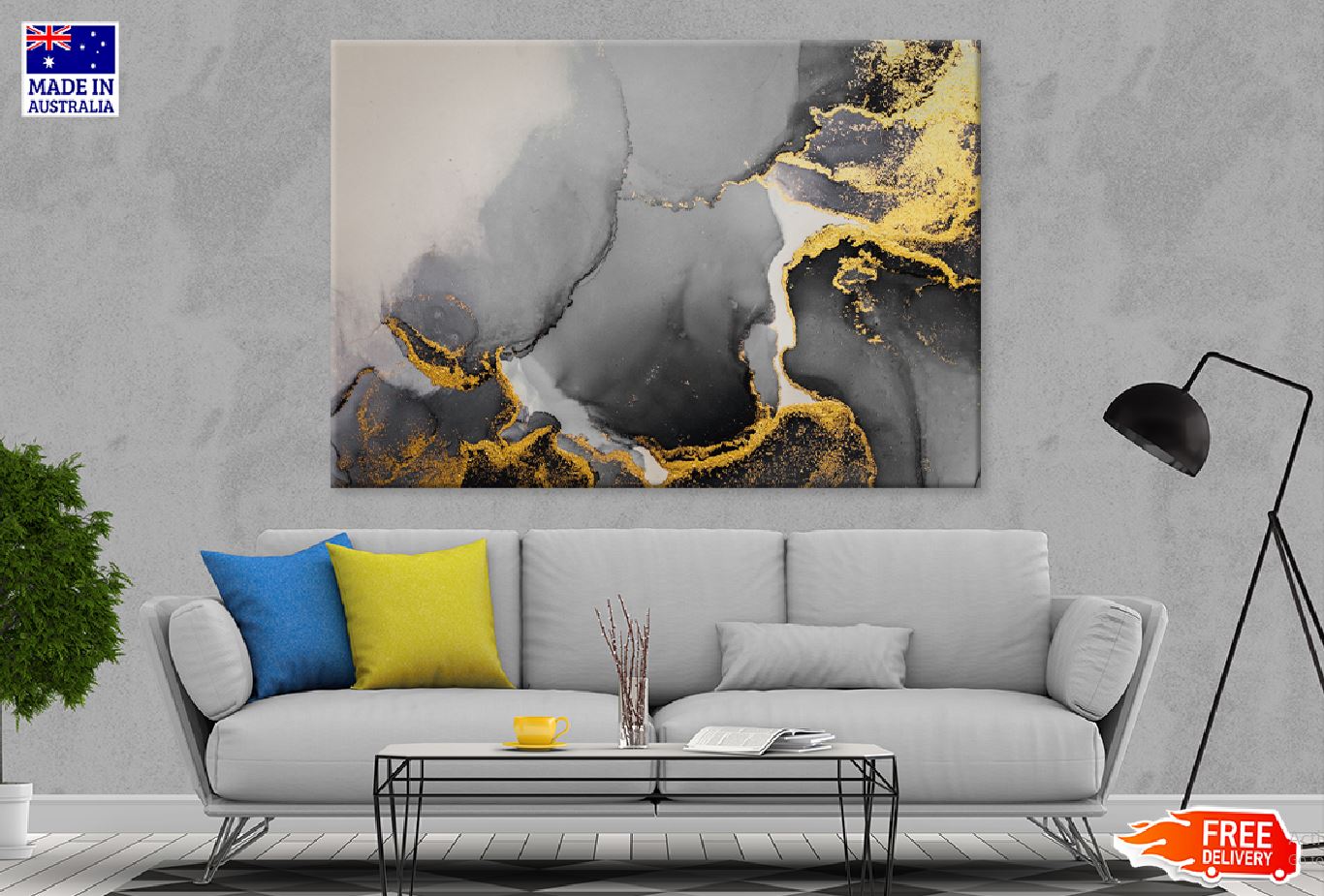 Dark Gold Splash & Black Abstract Print 100% Australian Made Stretched Canvas Ready to Hang - 1150