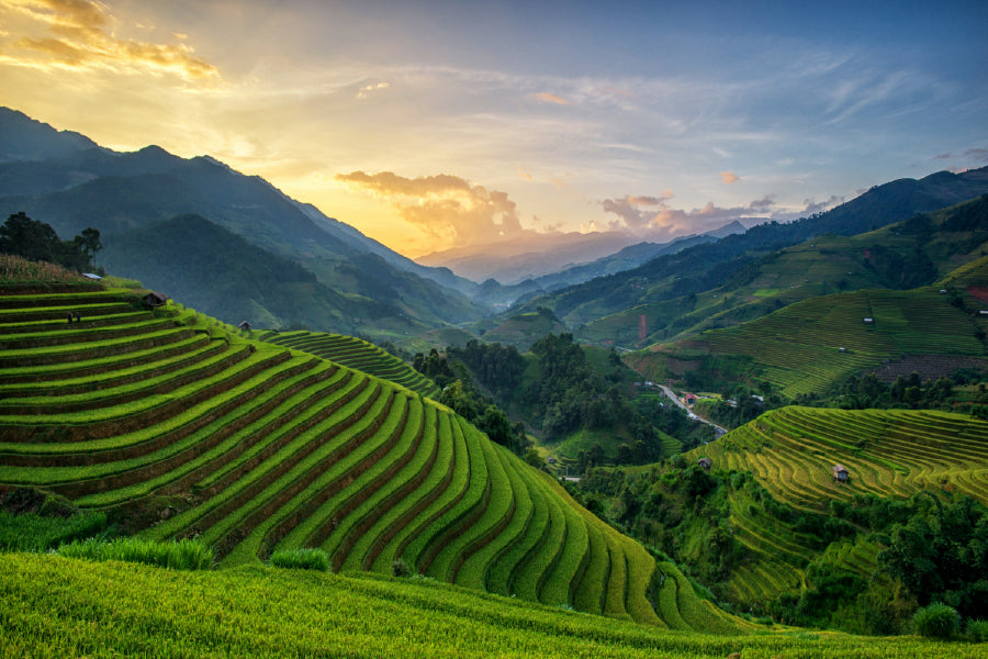 Rice Fields Terraced Sunset View Print 100% Australian Made Stretched Canvas Ready to Hang - 1048