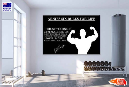 Arnies Six Rules For Life B&W Print 100% Australian Made Stretched Canvas Ready to Hang - 2231