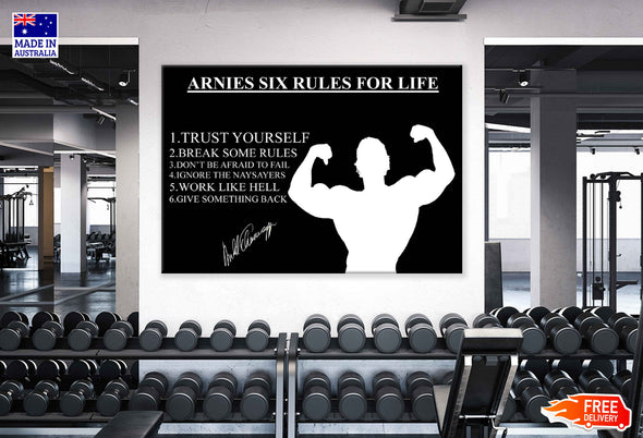 Arnies Six Rules For Life B&W Print 100% Australian Made Stretched Canvas Ready to Hang - 2231