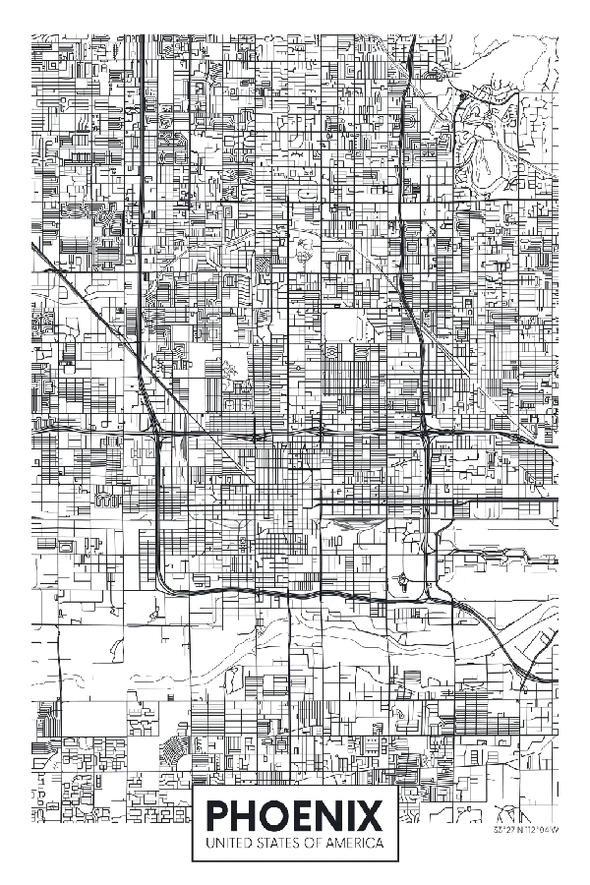 Phoenix City in USA B&W Detailed Map Print 100% Australian Made Stretched Canvas Ready to Hang - 2330