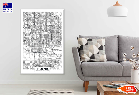 Phoenix City in USA B&W Detailed Map Print 100% Australian Made Stretched Canvas Ready to Hang - 2330