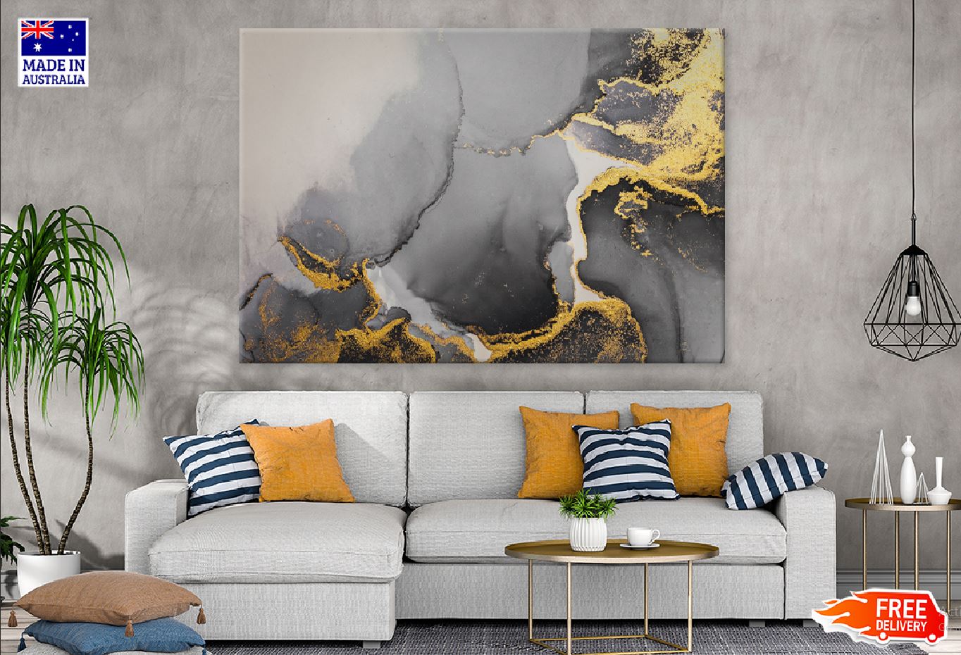 Dark Gold Splash & Black Abstract Print 100% Australian Made Stretched Canvas Ready to Hang - 1150