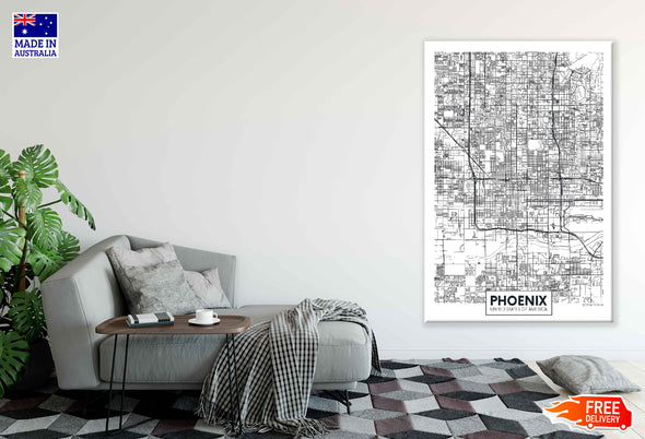 Phoenix City in USA B&W Detailed Map Print 100% Australian Made Stretched Canvas Ready to Hang - 2330