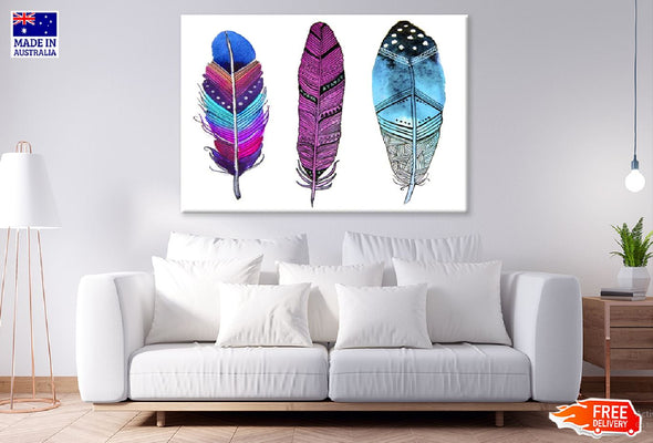 Pink Blue & Purple Feathers Watercolor Painting Print 100% Australian Made Stretched Canvas Ready to Hang - 1932