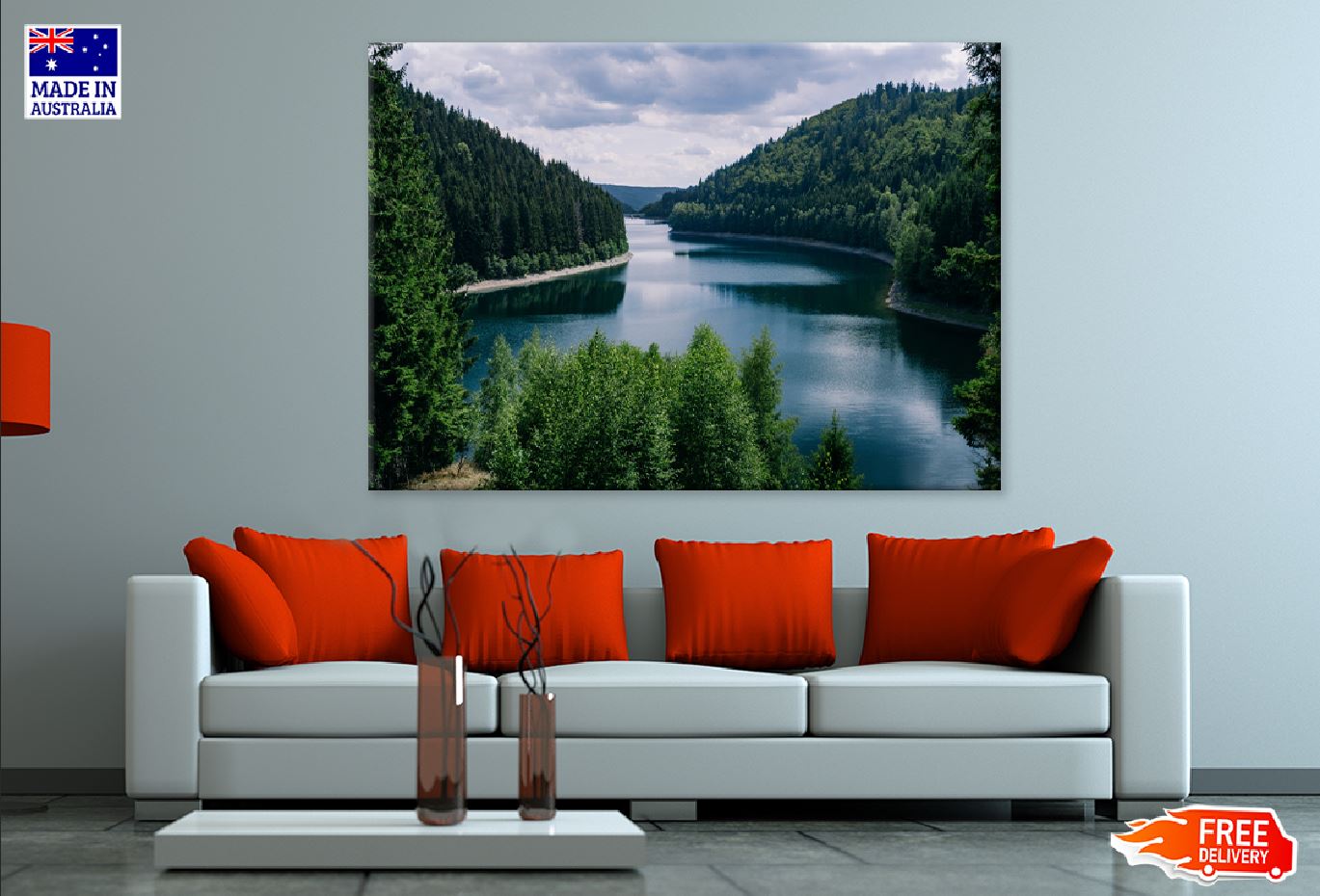 River Forest Cloudy Sky Thuringia Print 100% Australian Made Stretched Canvas Ready to Hang - 1051