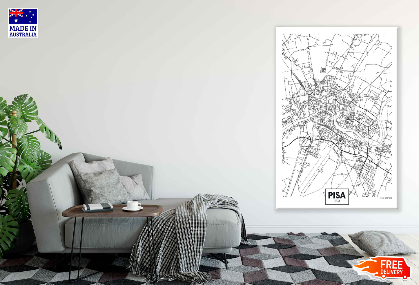 Pisa City in Italy B&W Detailed Map Print 100% Australian Made Stretched Canvas Ready to Hang - 2331