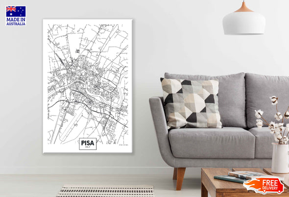 Pisa City in Italy B&W Detailed Map Print 100% Australian Made Stretched Canvas Ready to Hang - 2331