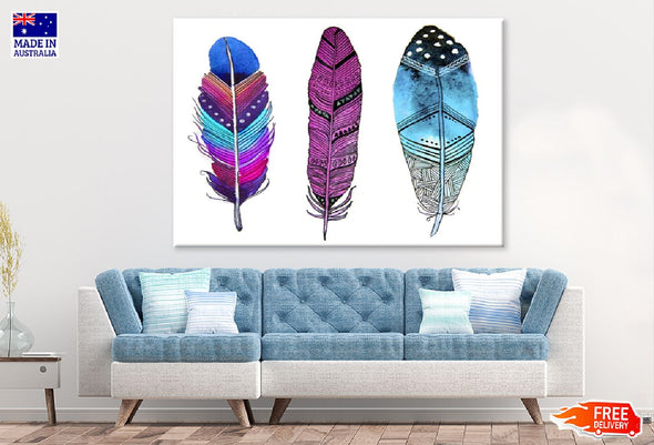 Pink Blue & Purple Feathers Watercolor Painting Print 100% Australian Made Stretched Canvas Ready to Hang - 1932