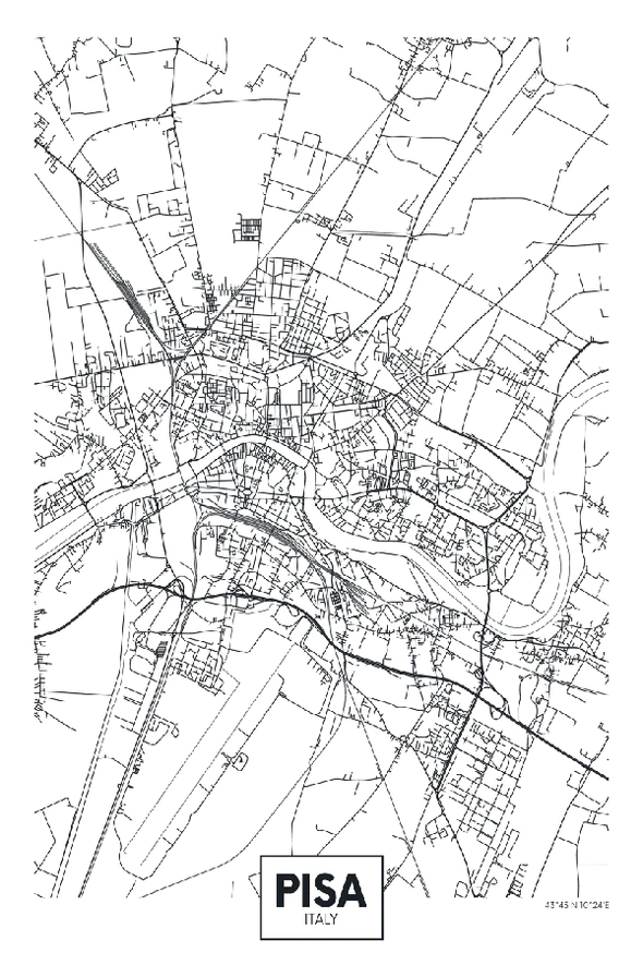 Pisa City in Italy B&W Detailed Map Print 100% Australian Made Stretched Canvas Ready to Hang - 2331