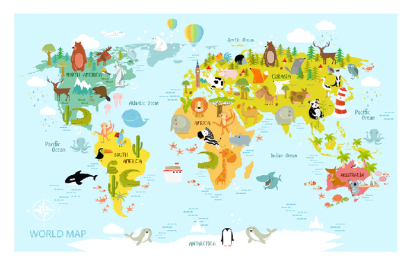 World Map with Cartoon Animals Vector Art Print 100% Australian Made Stretched Canvas Ready to Hang - 2286