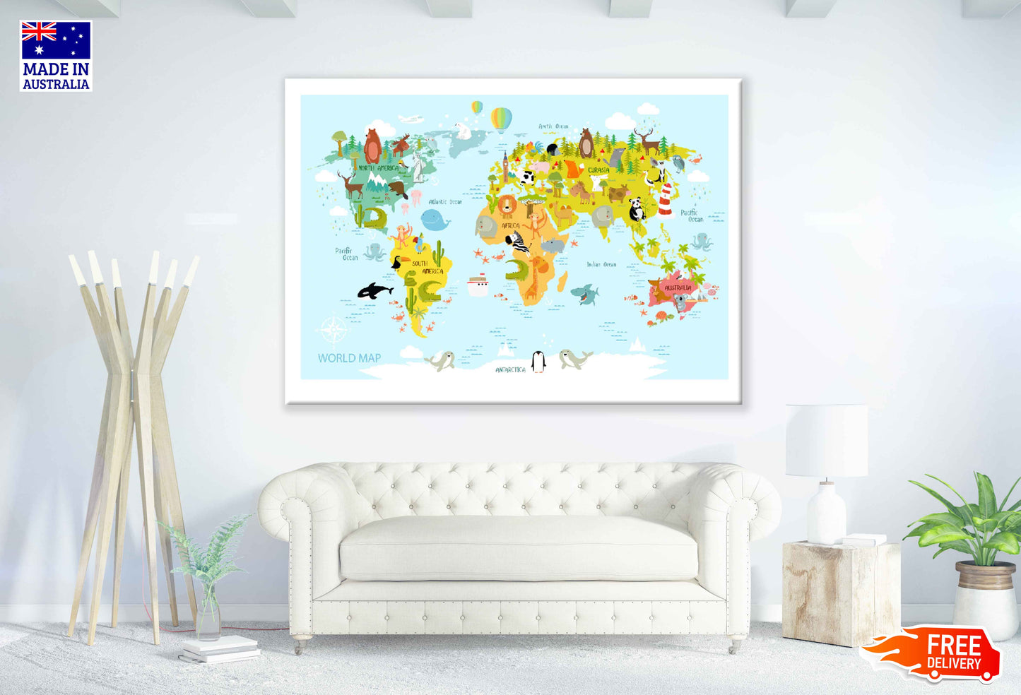 World Map with Cartoon Animals Vector Art Print 100% Australian Made Stretched Canvas Ready to Hang - 2286