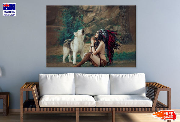 American Indian Worrior Woman Prays & Wolf Howls Next to Her Photograph  Print 100% Australian Made Stretched Canvas Ready to Hang - 1887