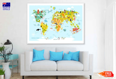 World Map with Cartoon Animals Vector Art Print 100% Australian Made Stretched Canvas Ready to Hang - 2286