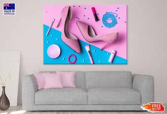 Pink Suede High Heels with Makeup Print 100% Australian Made Stretched Canvas Ready to Hang - 1291