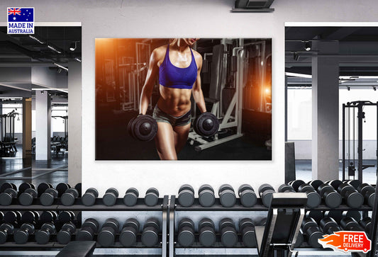 Girl Workout With Dumbells in Gym Print 100% Australian Made Stretched Canvas Ready to Hang - 2187