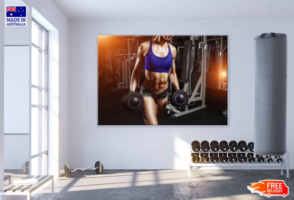 Girl Workout With Dumbells in Gym Print 100% Australian Made Stretched Canvas Ready to Hang - 2187