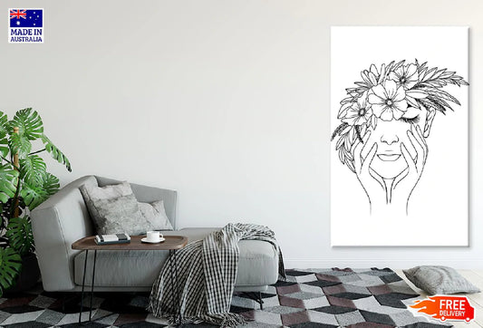 Woman Flower Crown B&W Line Art Design Print 100% Australian Made Stretched Canvas Ready to Hang - 1787