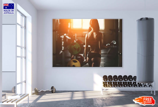 Girl Posing with Dumbells in Gym Sunset Photograph Print 100% Australian Made Stretched Canvas Ready to Hang - 2233