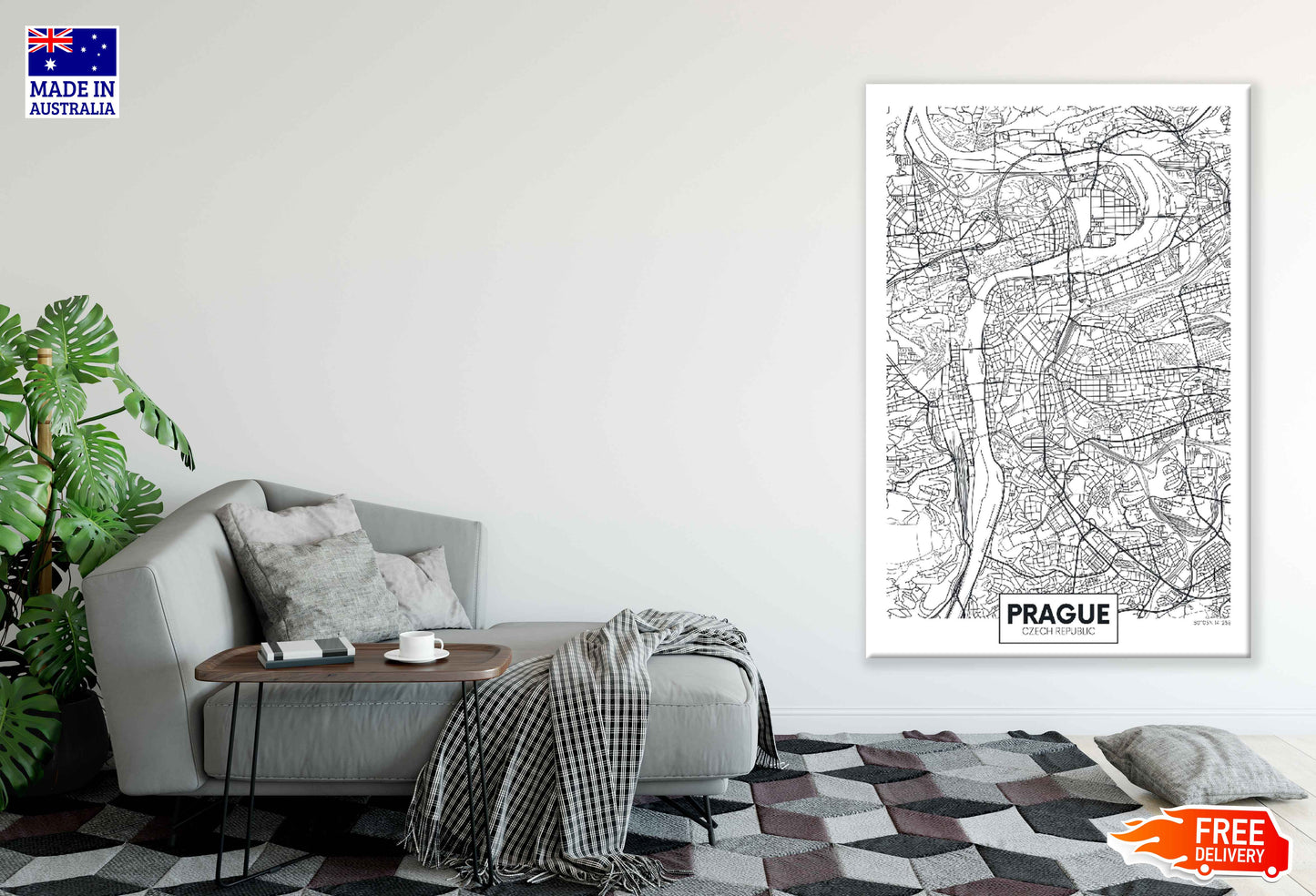 Prague City in Czech Republic B&W Detailed Map Print 100% Australian Made Stretched Canvas Ready to Hang - 2332