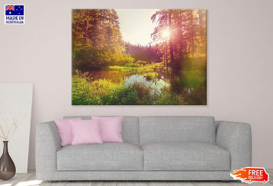 Lake with Forest Sunrise Scenery Print 100% Australian Made Stretched Canvas Ready to Hang - 1052