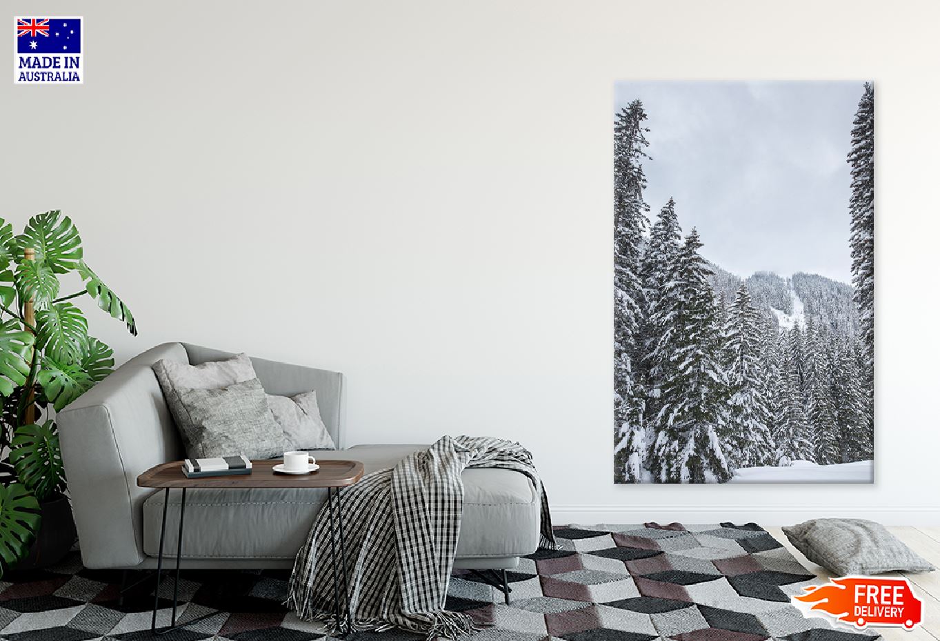 Snow Covered Pine Trees View Print 100% Australian Made Stretched Canvas Ready to Hang - 1730