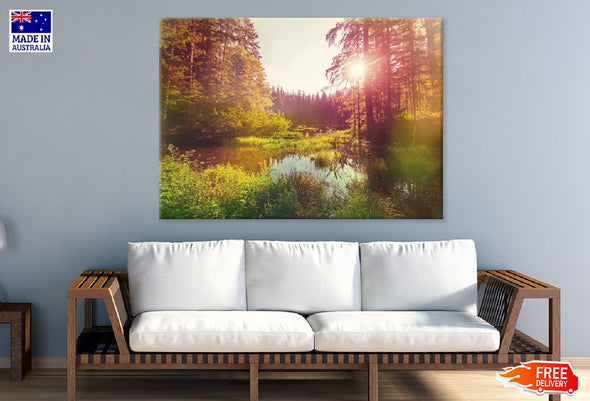 Lake with Forest Sunrise Scenery Print 100% Australian Made Stretched Canvas Ready to Hang - 1052