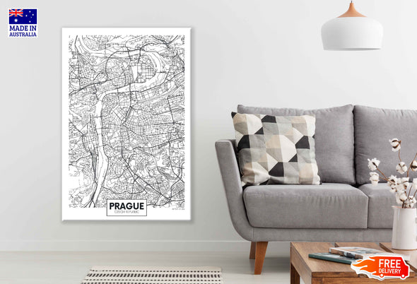 Prague City in Czech Republic B&W Detailed Map Print 100% Australian Made Stretched Canvas Ready to Hang - 2332